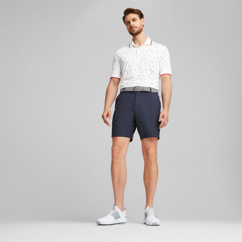 FRONT VIEW OF PUMA MENS VOLITION SKYLIGHT POLO IN BRIGHT WHITE/NAVY BLAZER