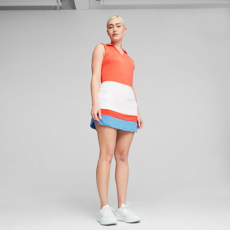 FRONT VIEW OF PUMA WOMENS POWERMESH COLORBLOCK SKIRT IN WHITE GLOW/FIZZY SUN