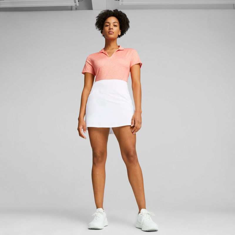 FRONT VIEW OF PUMA WOMENS MATTR TIDAL WAVE POLO IN FIZZY SUN/WHITE GLOW