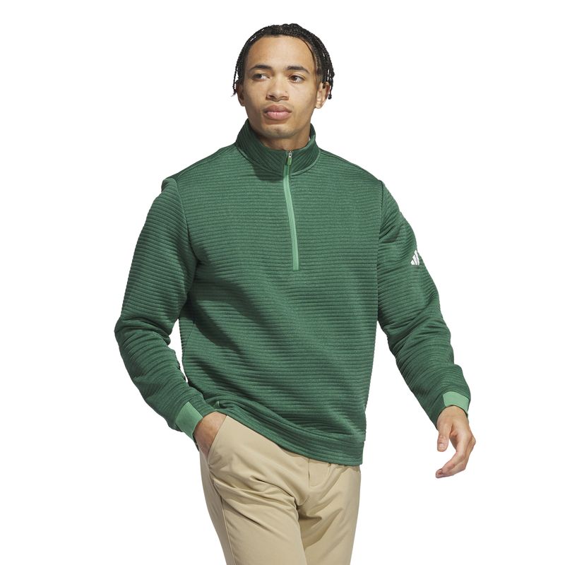 FRONT VIEW OF ADIDAS MENS ULTIMATE365 DWR TEXTURED 1/4 ZIP SWEATER IN COLLEGIATE GREEN/GREEN