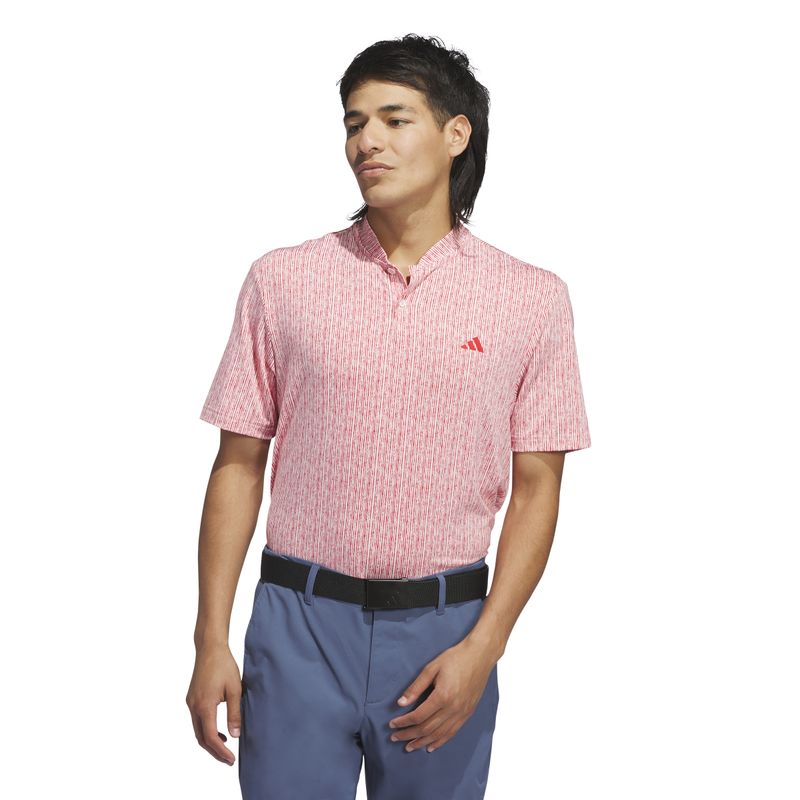 FRONT VIEW OF ADIDAS MENS ULTIMATE365 SPORT STRIPE POLO IN SANDY PINK/BETTER SCARLET