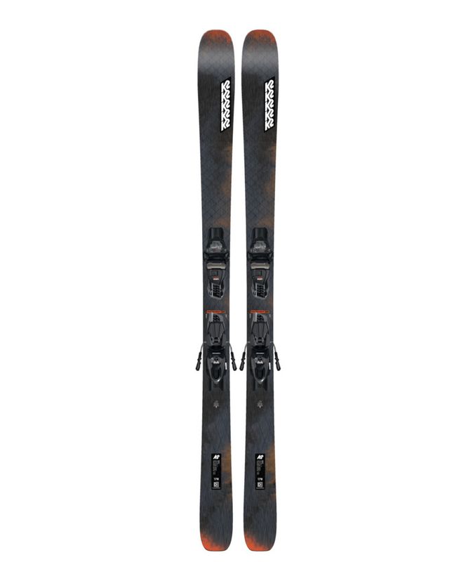 TOPSHEET VIEW OF K2 MENS MINDBENDER 90C W/QUIKCLIK DOWNHILL SKIS IN DARK GREY/ORANGE/BROWN