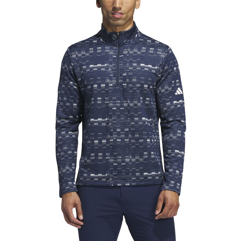 FRONT VIEW OF ADIDAS MENS CORE PRINTED 1/4 ZIP SWEATER IN COLLEGIATE NAVY/WHITE