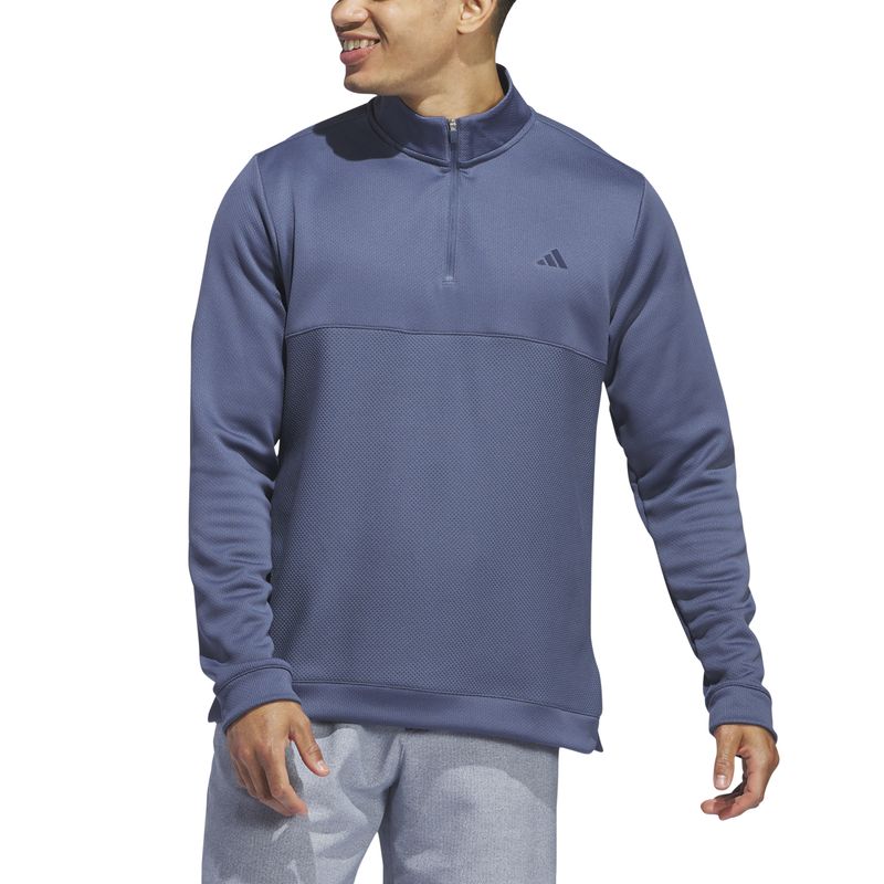FRONT VIEW OF ADIDAS MENS ULTIMATE365 TEXTURED 1/4 ZIP SWEATER IN PRELOVED INK