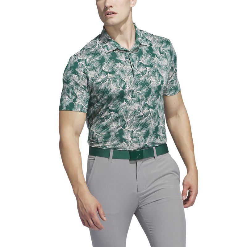 FRONT VIEW OF ADIDAS MENS ULTIMATE365 PINE PRINTED POLO IN COLLEGIATE GREEN/SANDY PINK