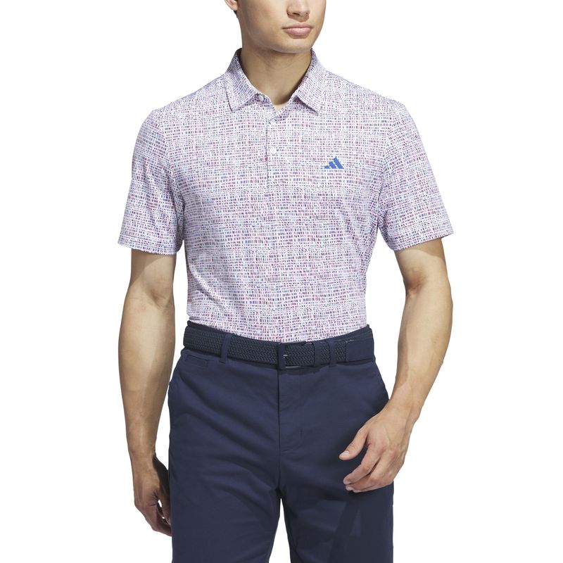 FRONT VIEW OF ADIDAS MENS ULTIMATE365 POWER GRID PRINT POLO IN WHITE/BLUE/SCARLET/GREEN