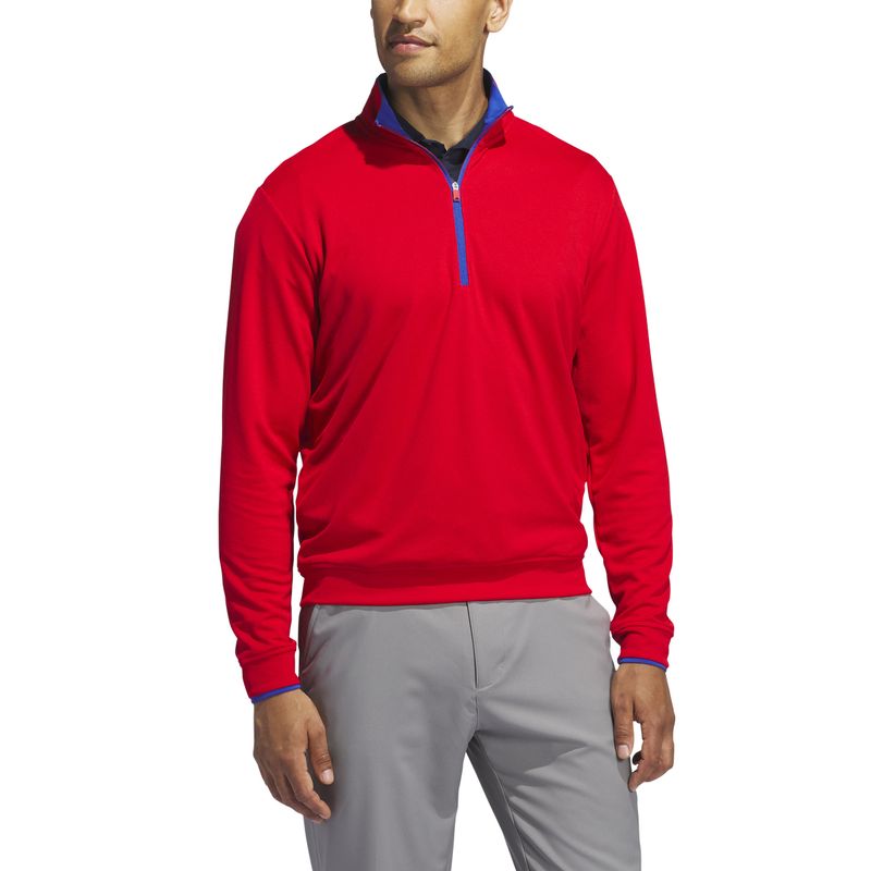 FRONT VIEW OF ADIDAS MENS LIGHTWEIGHT 1/4 ZIP SWEATER IN BETTER SCARLET