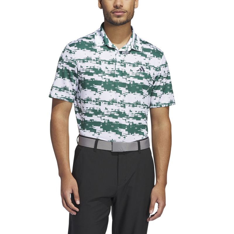 FRONT VIEW OF ADIDAS MENS ULTIMATE365 HEAT.RDY STRIPE POLO IN WHITE/COLLEGIATE GREEN