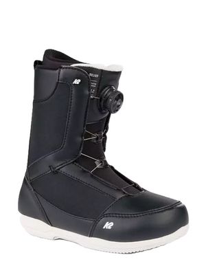 FRONT VIEW OF K2 WOMENS BELIEF SNOWBOARD BOOTS IN BLACK/WHITE WITH COMFORT FOAM EVA LINER