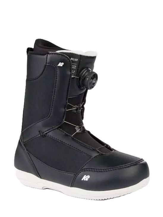 FRONT VIEW OF K2 WOMENS BELIEF SNOWBOARD BOOTS IN BLACK/WHITE WITH COMFORT FOAM EVA LINER