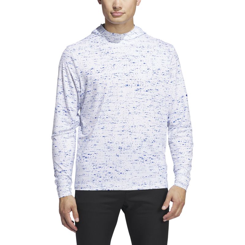 FRONT VIEW OF ADIDAS MENS CORE PRINTED LIGHTWEIGHT HOODIE IN WHITE/ROYAL BLUE