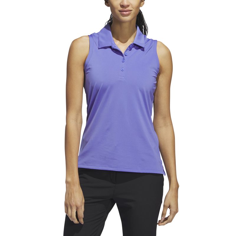FRONT VIEW OF ADIDAS WOMENS ULTIMATE365 SOLID SLEEVELESS PERFORMANCE POLO IN COBALT BLUE