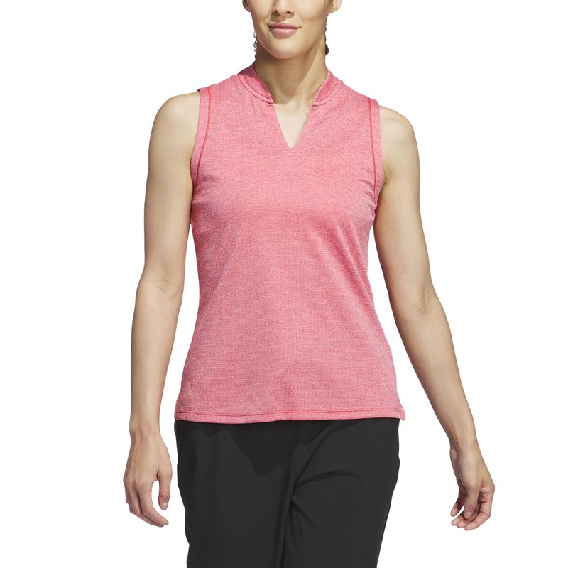 FRONT VIEW OF ADIDAS WOMENS ULTIMATE365 HEAT.RDY PERFORMANCE SLEVELESS POLO IN BETTER SCARLET