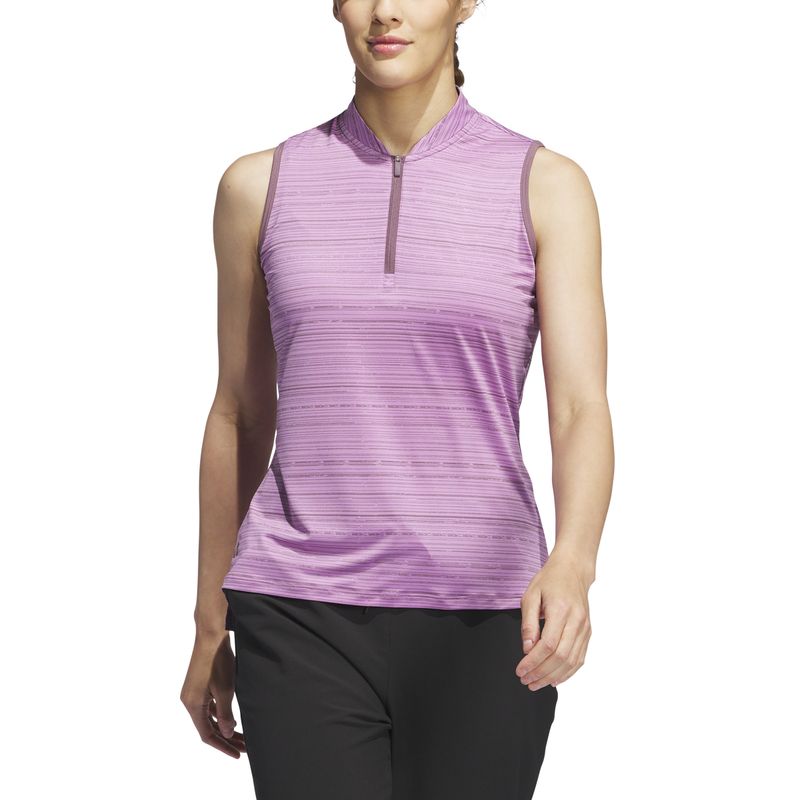 FRONT VIEW OF ADIDAS WOMENS ULTIMATE365 STRIPE SLEEVELESS POLO IN PRELOVED PURPLE