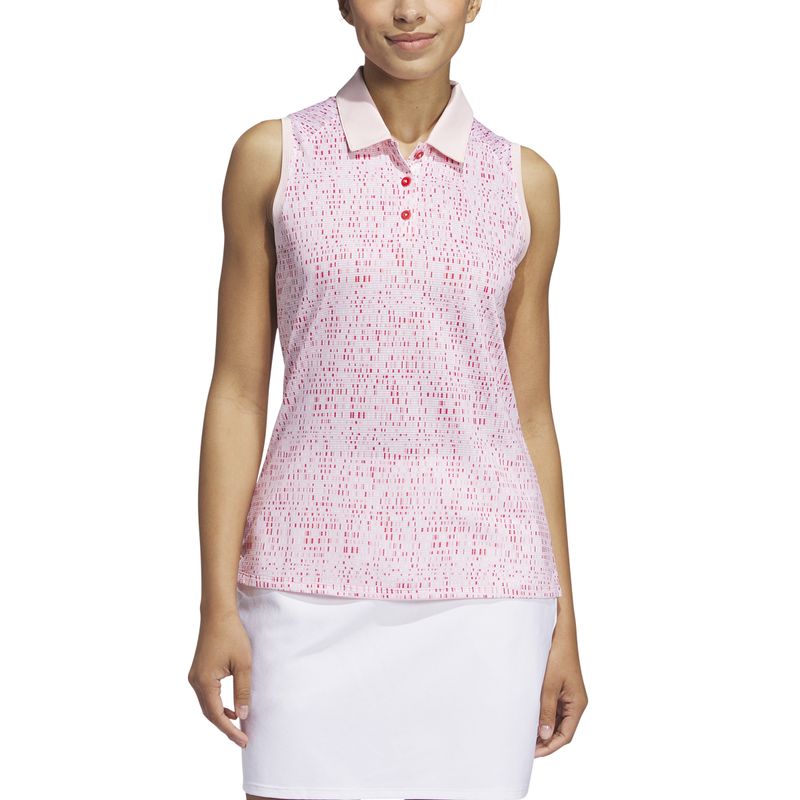 FRONT VIEW OF ADIDAS WOMENS ULTIMATE365 PRINTED SLEEVELESS POLO IN SANDY PINK