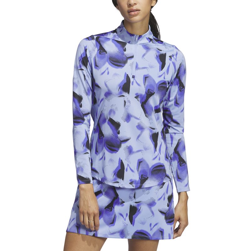 FRONT VIEW OF ADIDAS WOMENS ULTIMATE365 PRINTED MOCK 1/4 ZIP SWEATER IN BLUE SPARK