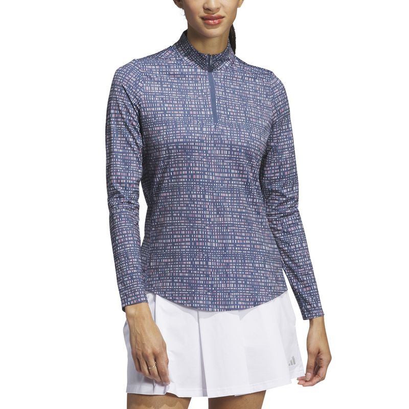 FRONT VIEW OF ADIDAS WOMENS ULTIMATE365 PRINTED 1/4 ZIP SWEATER IN PRELOVED INK
