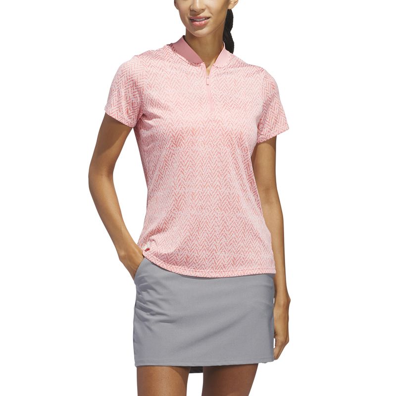 FRONT VIEW OF ADIDAS WOMENS ULTIMATE365 JACQUARD SHORT SLEEVE POLO IN SEMI PINK SPARK