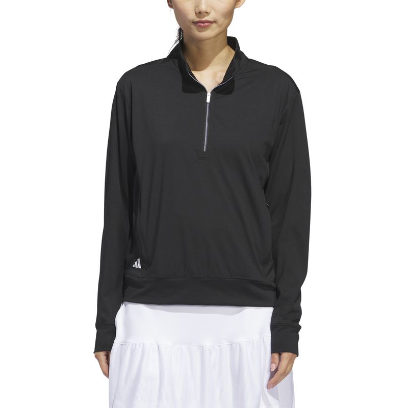 FRONT VIEW OF ADIDAS WOMENS ULTIMATE365 1/2 ZIP LAYERING TOP SWEATER IN BLACK