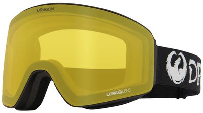 FRONT GOGGLE VIEW OF DRAGON UNISEX PXV LUMALENS PHOTOCHROMIC GOGGLES IN BLACK LUMALENS YELLOW