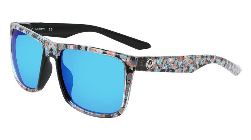 LEFT SUNGLASS VIEW OF DRAGON UNISEX MERIDIEN ION SUNGLASSES IN BRYAN IGUCHI LUMALENS BLUE ION