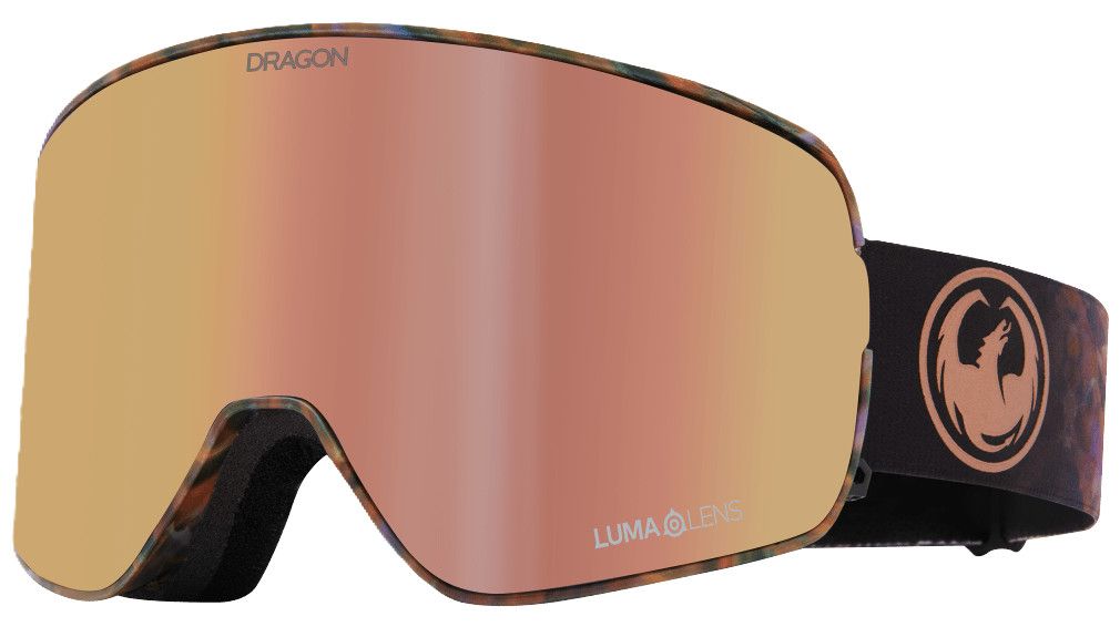 FRONT GOGGLE VIEW OF DRAGON UNISEX NFX2 WITH BONUS LENS GOGGLES IN AMETHYST LUMALENS ROSE GOLD ION