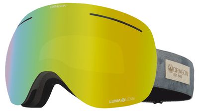 FRONT GOGGLE VIEW OF DRAGON UNISEX X1 WITH BONUS LENS GOGGLES IN RECLAIMED LUMALENS GOLD ION