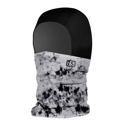 FRONT VIEW OF BLACKSTRAP UNISEX KIDS TREBLE HOOD BALACLAVA IN TIE DYE STEEL WITH UPF50+ RATING