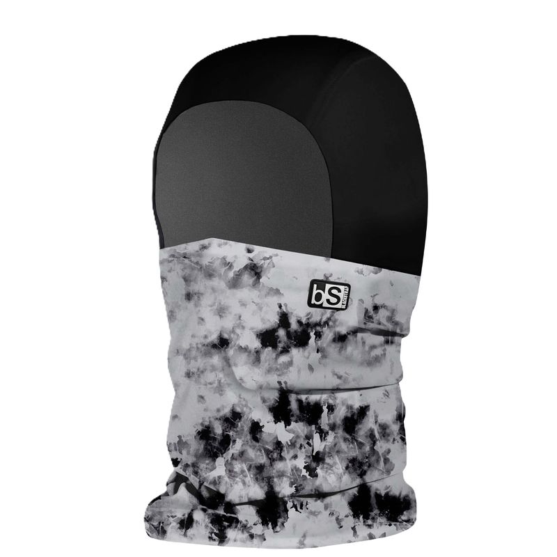 FRONT VIEW OF BLACKSTRAP UNISEX KIDS TREBLE HOOD BALACLAVA IN TIE DYE STEEL WITH UPF50+ RATING