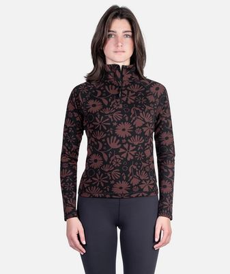 FRONT VIEW OF JETTY WOMENS CRANFORD 1/4 ZIP SWEATER IN JAVA WITH ZIPPER PHONE POCKET