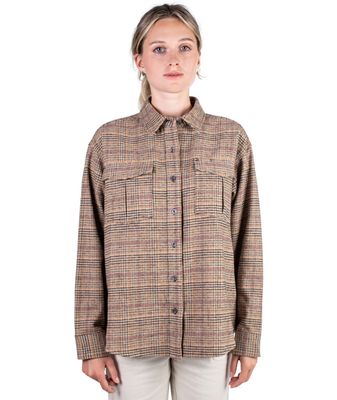 FRONT VIEW OF JETTY WOMENS ANCHOR FLANNEL LONG SLEEVE SHIRT IN TAN WITH LASER ENGRAVED BUTTONS