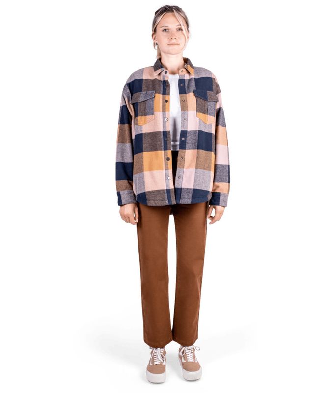 FRONT VIEW OF JETTY WOMENS NIVEAN FLANNEL SOFTSHELL JACKET IN NAVY WITH LARGE DOUBLE CHEST POCKETS