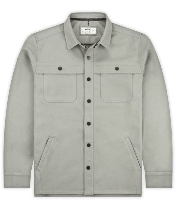 FRONT VIEW OF JETTY MENS MAVERICK JACSHIRT SOFTSHELL JACKET IN GREY WITH WELT HAND POCKETS