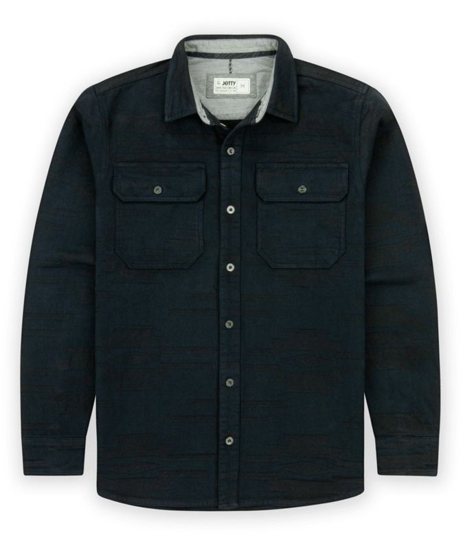 FRONT VIEW OF JETTY MENS HORIZON FLANNEL LONG SLEEVE SHIRT IN CARBON WITH LASER ENGRAVED BUTTONS