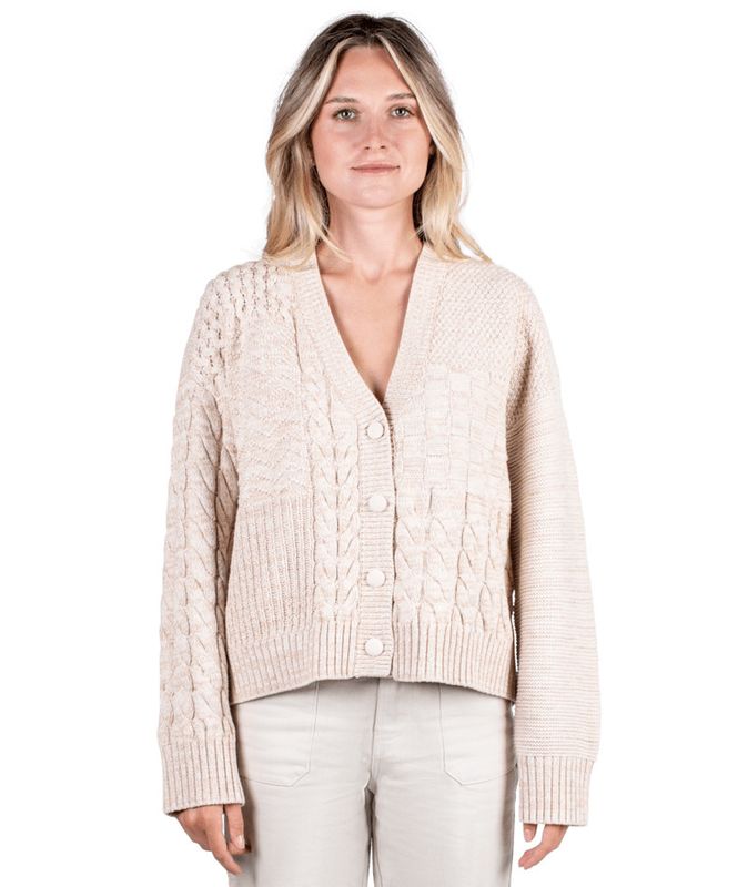 FRONT VIEW OF JETTY WOMENS QUINCY PATCHWORK CARDIGAN LONG SLEEVE SHIRT IN CAMEL WITH V-NECK CUT