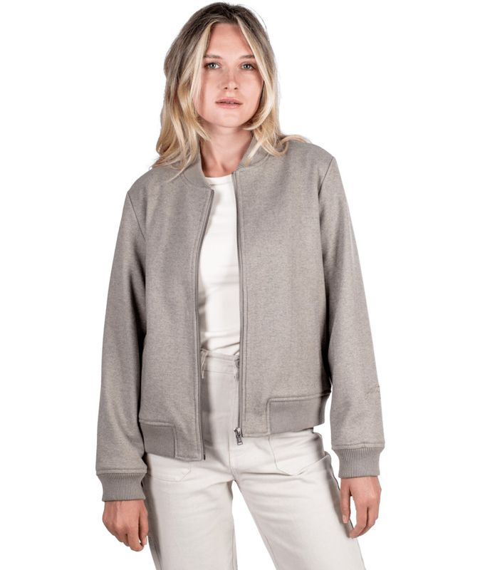 FRONT VIEW OF JETTY WOMENS LANGCO BOMBER SOFTSHELL JACKET IN PUMICE WITH SOFT JERSEY LINER