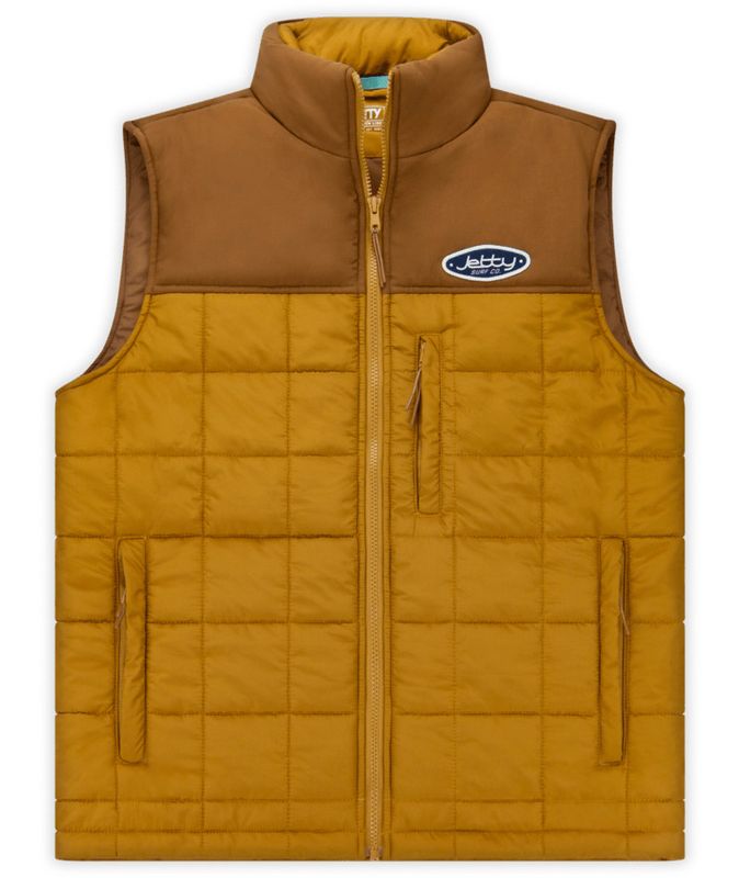 FRONT VIEW OF JETTY MENS TERRACE VEST IN BROWN WITH CUSTOM JETTY LABELING AND TRIM