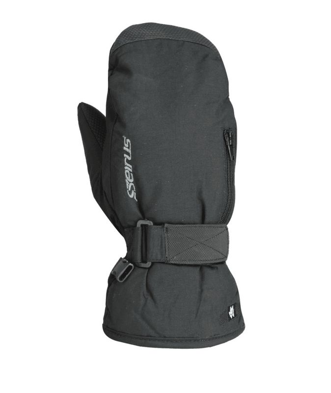 BACK OF HAND VIEW OF SEIRUS YOUTH HEATWAVE JR STASH MITTEN IN BLACK WITH WATERPROOFING AND WARMTH