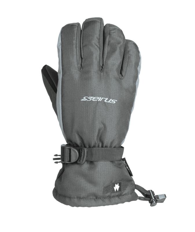 BACK OF HAND VIEW OF SEIRUS UNISEX HEATWAVE ACCEL GLOVE IN BLACK/CHARCOAL WITH HEATWAVE
