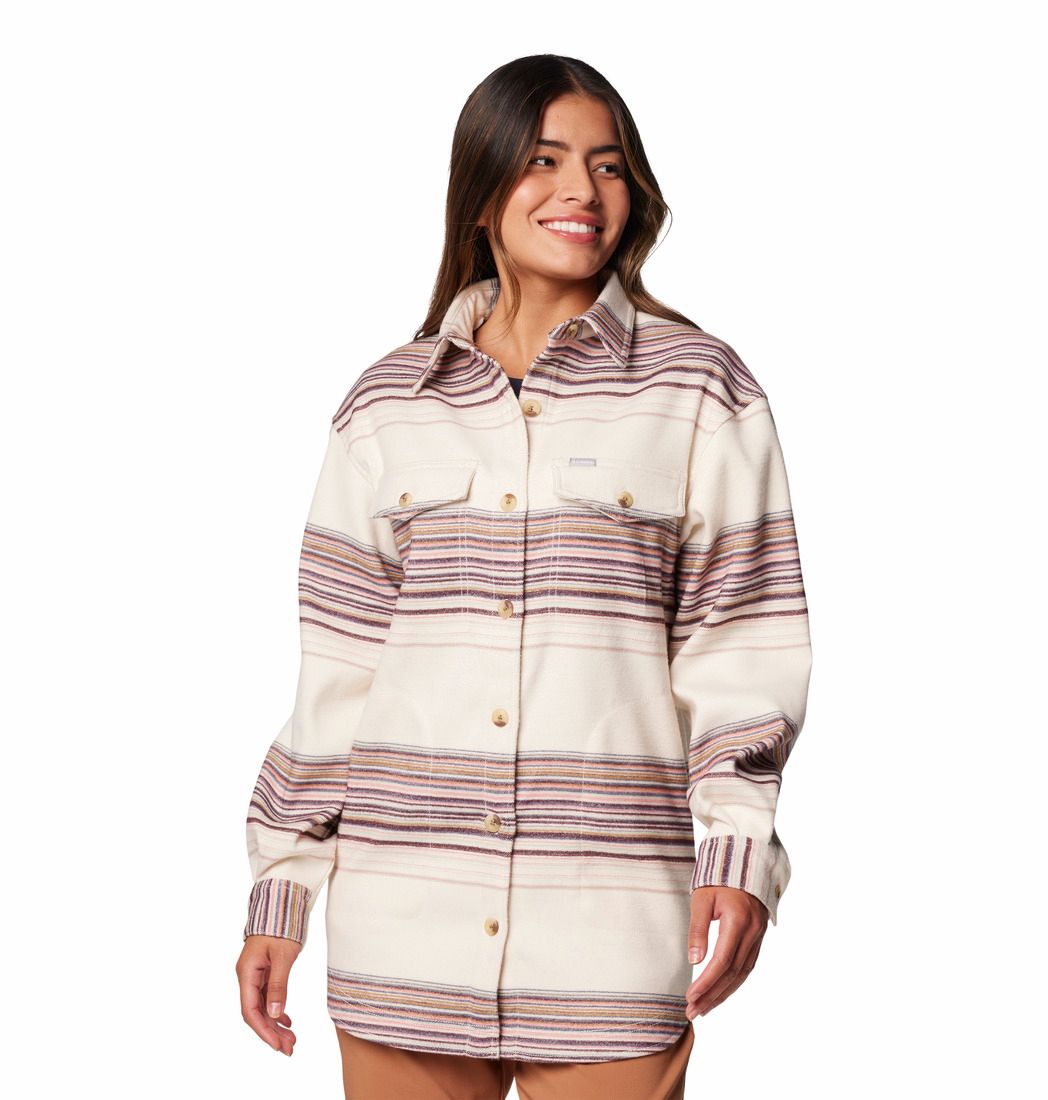 MAIN IMAGE OF COLUMBIA WOMENS CALICO BASIN SHIRT JACKET LONG SLEEVE SHIRT IN CHALK VISTA STRIPE XS