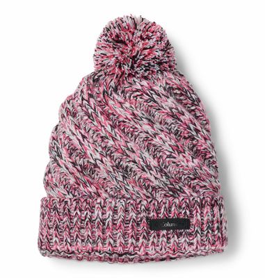 FRONT VIEW OF COLUMBIA YOUTH BUNDLE UP BEANIE WINTER HAT IN BLACK/PINK ICE/COLUMBIA GREY/WHITE