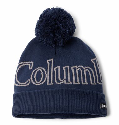 FRONT VIEW OF COLUMBIA YOUTH POLAR POWDER BEANIE WINTER HAT IN COLLEGIATE NAVY/COLUMBIA GREY
