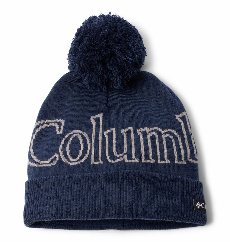 FRONT VIEW OF COLUMBIA YOUTH POLAR POWDER BEANIE WINTER HAT IN COLLEGIATE NAVY/COLUMBIA GREY