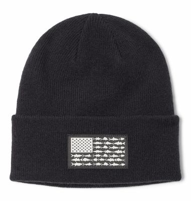 FRONT VIEW OF COLUMBIA UNISEX PFG FISH FLAG CUFFED BEANIE WINTER HAT IN BLACK