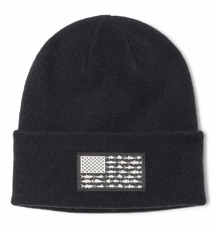 FRONT VIEW OF COLUMBIA UNISEX PFG FISH FLAG CUFFED BEANIE WINTER HAT IN BLACK