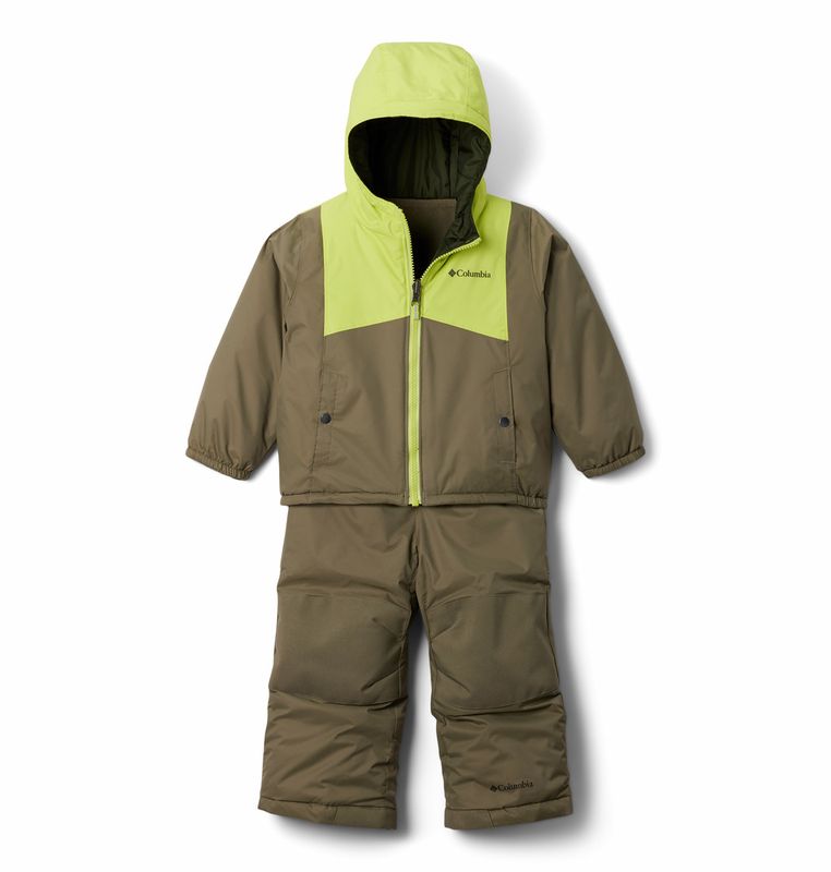 FRONT VIEW OF COLUMBIA YOUTH BOYS DOUBLE FLAKE II SET ONE PIECE OUTFIT IN GREEN/VOLTAGE/GREENSCAPE