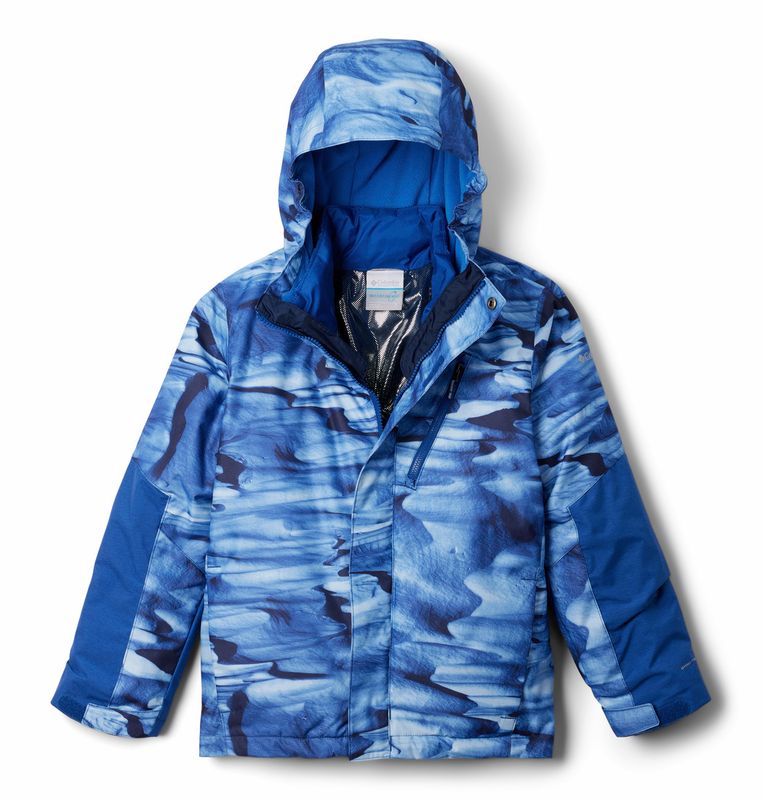 FRONT VIEW OF COLUMBIA YOUTH BOYS WHIRLIBIRD III INTERCHANGE WINTER JACKET IN WINDBLOWING/BLUE
