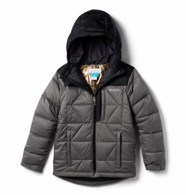 FRONT VIEW OF COLUMBIA YOUTH BOYS WINTER POWDER III QUILTED WINTER JACKET IN CITY GREY/BLACK