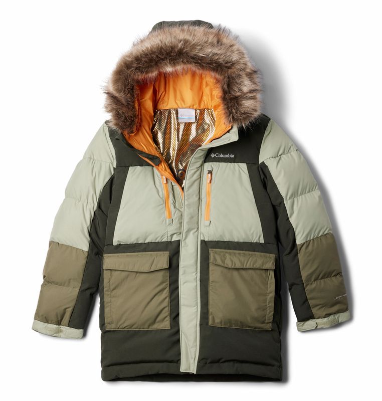 FRONT VIEW OF COLUMBIA YOUTH BOYS MARQUAM PEAK FUSION II PARKA IN GREENSCAPE/SAFARI/GREEN