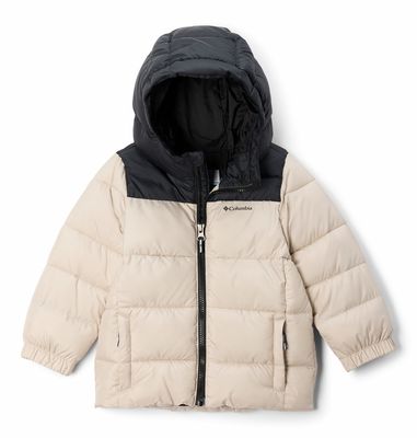FRONT VIEW OF COLUMBIA YOUTH PUFFECT HOODED WINTER JACKET IN DARK STONE/BLACK